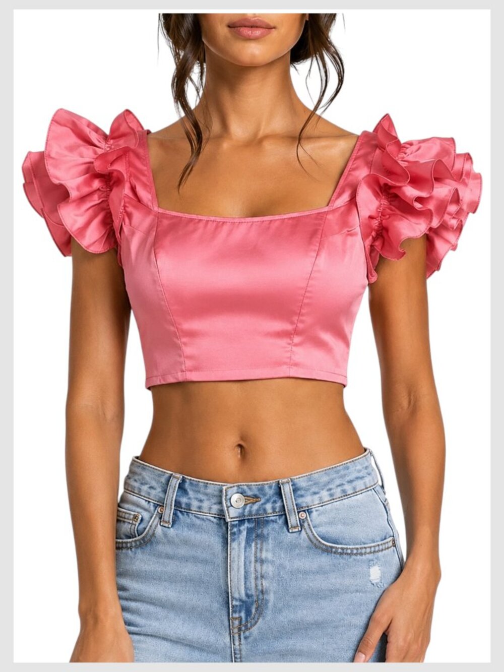 Zara Crop Top Pink Smocked Ruffle Sleeve S